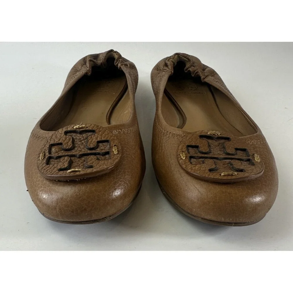 Tory Burch Reva Pebbled Leather Ballet Flats Royal Tan Camel Women Shoe Size 7M - Picture 8 of 15